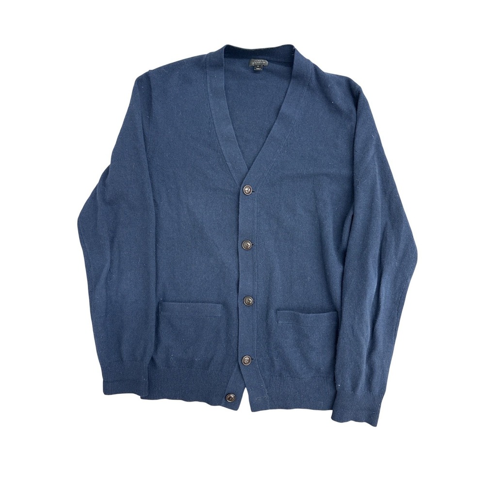 Mens Navy Blue V-Neck Button Front Cardigan Sweater with Pockets Size L